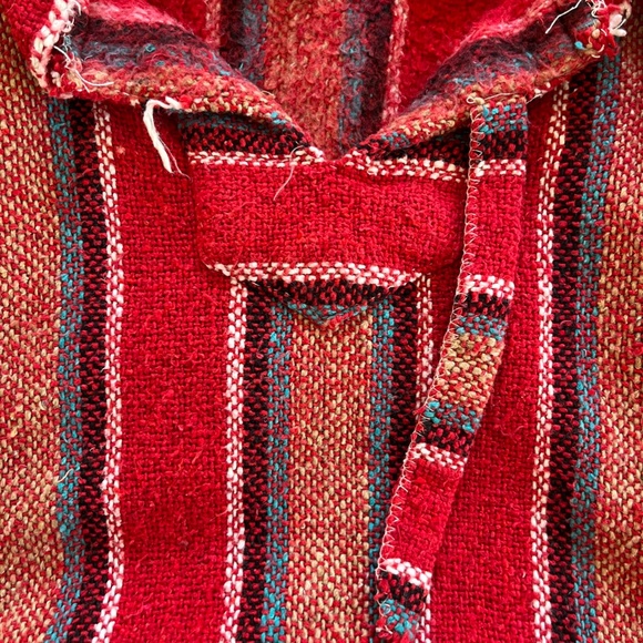 Vintage Mexican Baja Blanket Drug Rug Hoodie Red Blue Surfer Skater Poncho S M - Picture 4 of 11